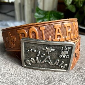 Vintage Leather Belt with Polaris N. Star Alaska Boy Scout Buckle 32